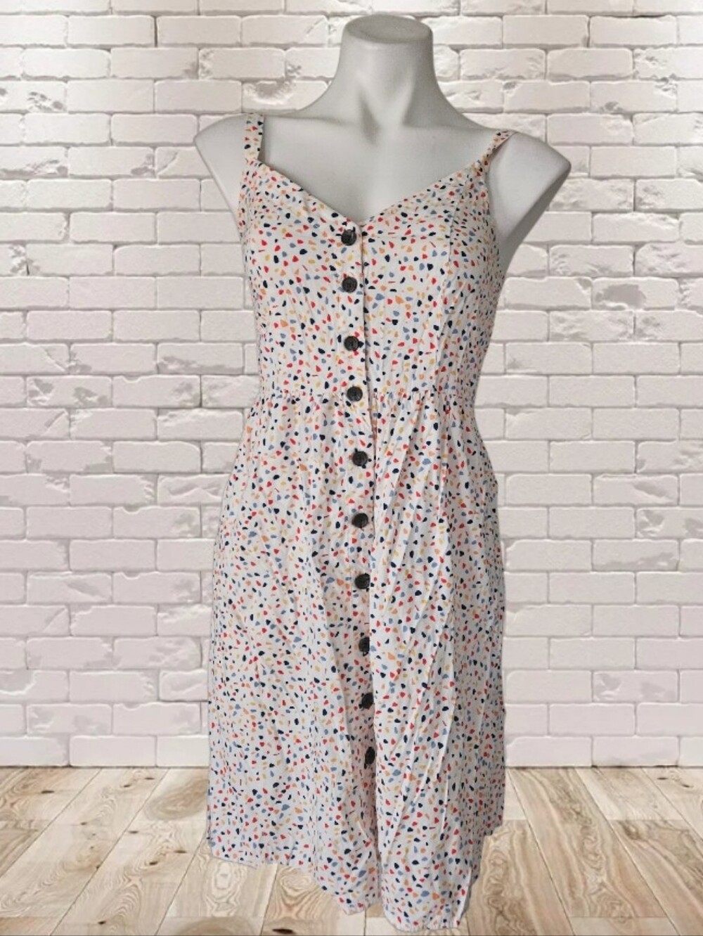Banana Republic Spaghetti Strap Button-Front Summer Dress in White Confetti Smal